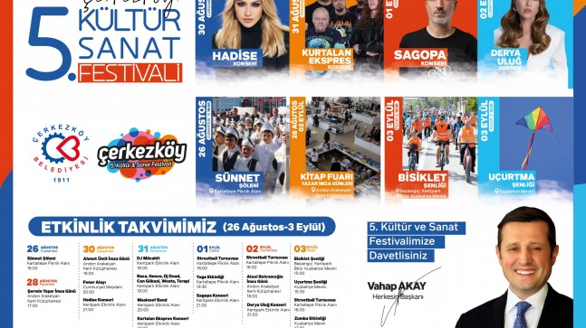 Çerkezköy Belediyesi 5. Kültür ve Sanat Festivali 26 Ağustos Cumartesi günü başlıyor
