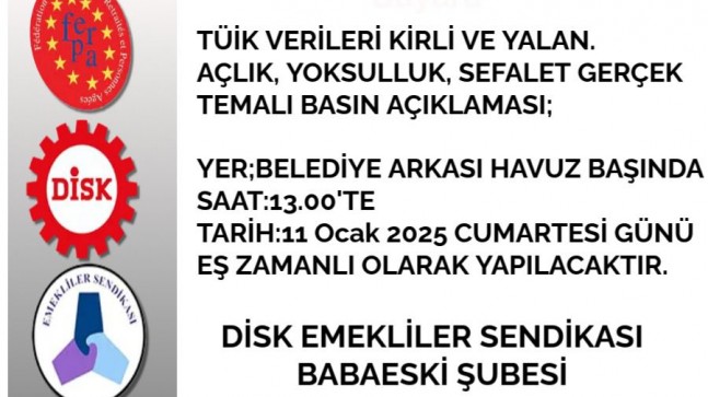 DİSK Emekliler Sendikası Babaeski Şubesi, 11 Ocak’ta Basın Açıklaması Düzenleyecek