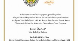 Geçici Hayvan Bakım Evi ve Rehabilitasyon Merkezi ile 100. Yıl Sosyal Tesislerini Açıyor
